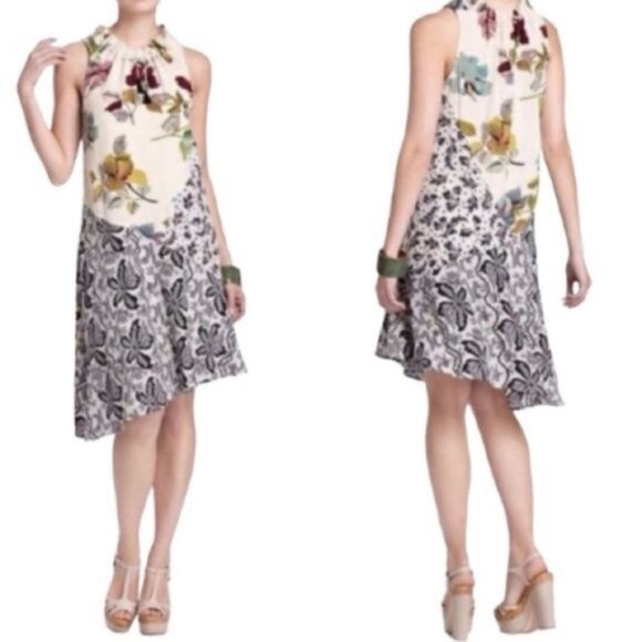 Anthropologie Postmark NEW Arcadie Silk Dress Floral Lightweight Side Hem Crew 6 - Picture 1 of 16